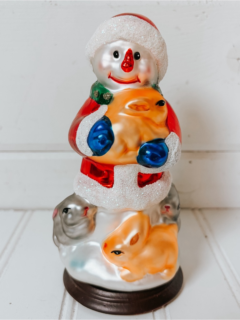 Vintage Thomas Pacconi Blown Glass Christmas Snowman with Rabbits Figurine 2004